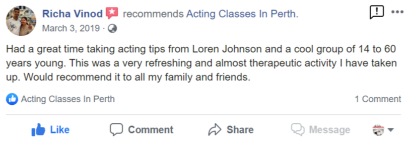 Acting Classes In Perth Facebook Review By Richa Vinod