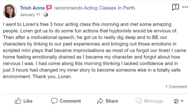 Acting Classes In Perth Facebook Review By Trishe Anne